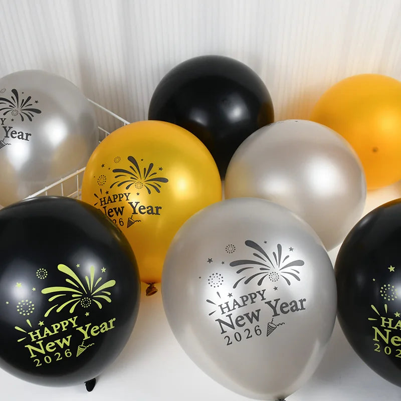15Pcs Gold Black Happy New Year 2026 Latex Balloons For New Year Eve Party Decoration Favors 12Inch Christmas Balloon Supplies