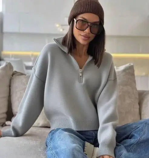 Half Zip Sweater Women's Autumn and Winter New Loose Fitting Pullover Solid Color Lapel Knitted Sweater Top