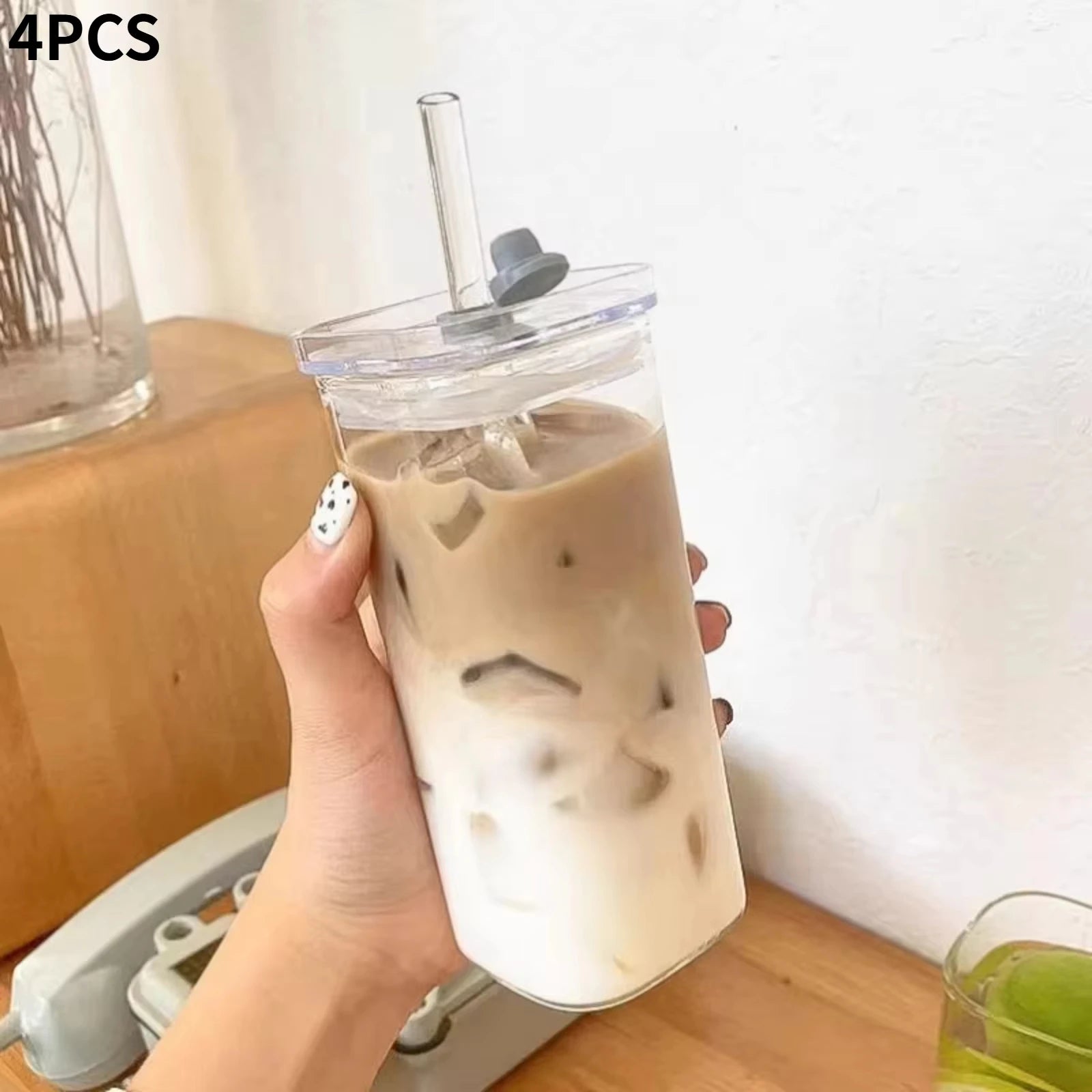 400ML Square Heat-Resistant Glass Coffee Cup with Lid and Straw, Transparent Milk Tea Juice Cup, Home Bar Drinkware