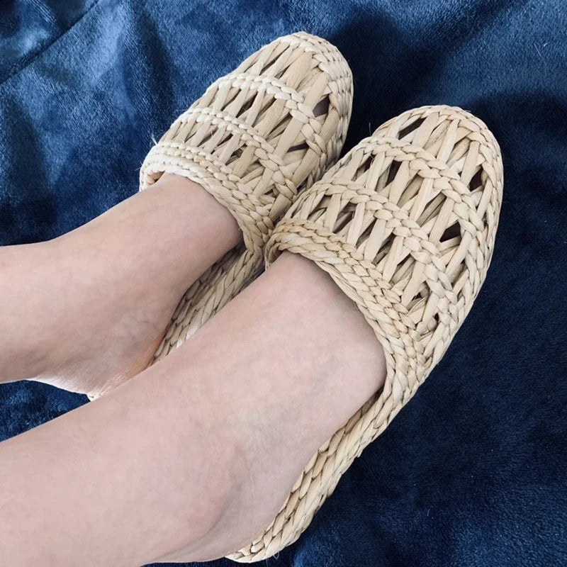 Unisex Hemp Slides Cut-Outs Grass Weaving Shoes Round Toe Novetly Hand-Made Massage Slippers Straw Natural Beige Wide Feet 44-3