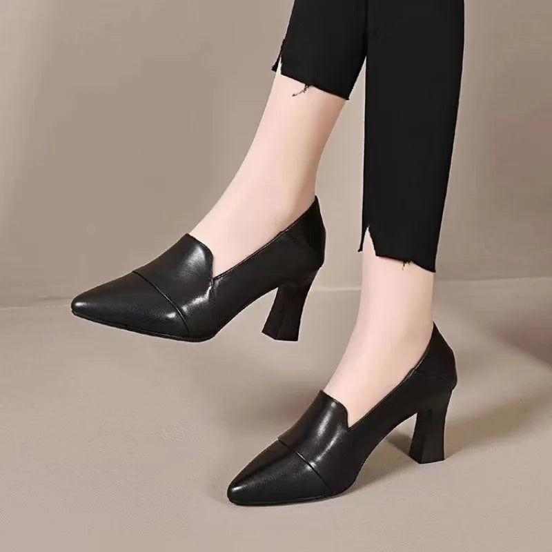 New Women Pumps Pu Leather Work Shoes Soft Chumly High Heels Women Pointed Toe Pumps Casual Slip on Solid Heels Women Shoes