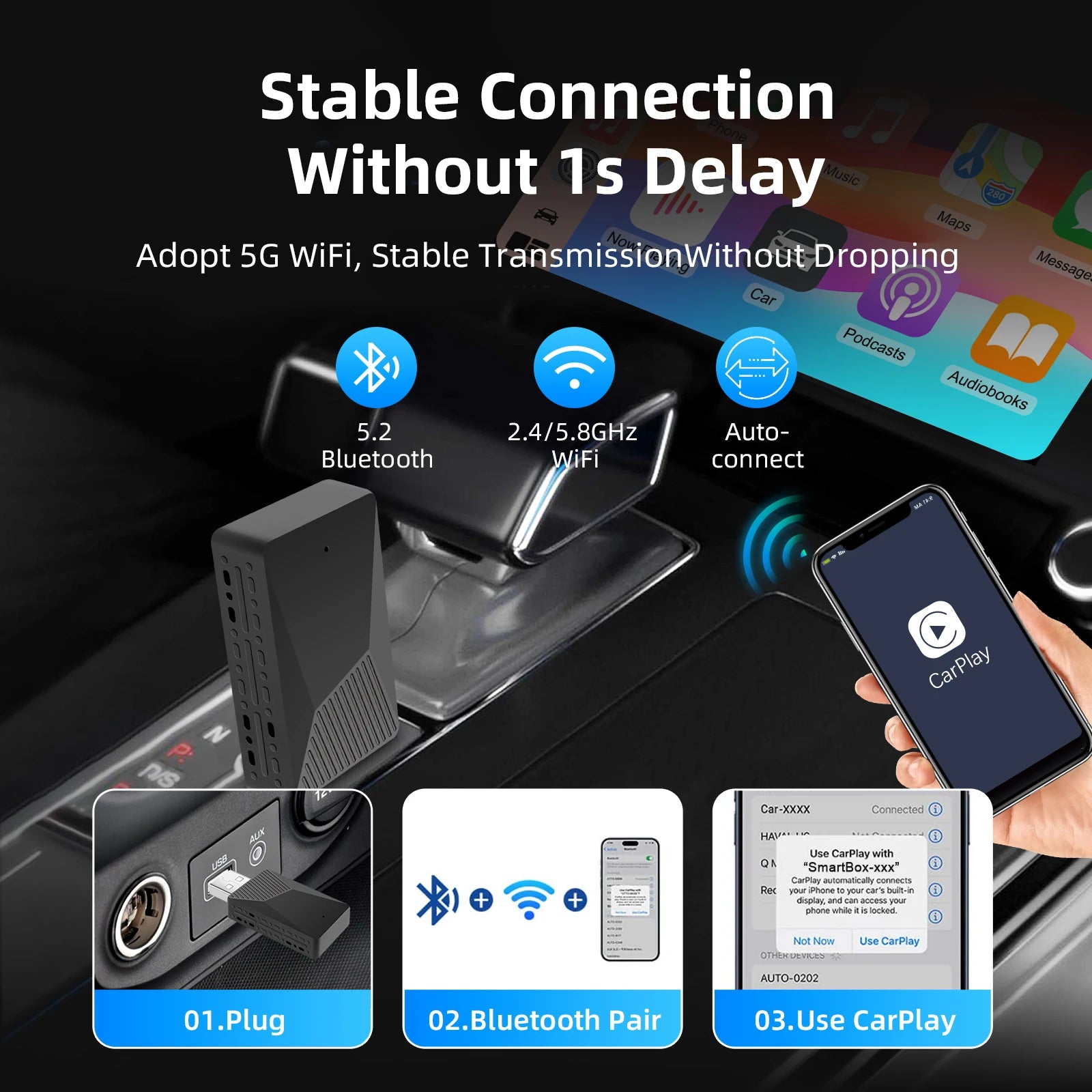 Wired To Wireless Carplay Android Auto 2in1 Wireless Adapter for OEM Car Stereo with USB Plug and Play Work on Bluetooth 5GWIFI