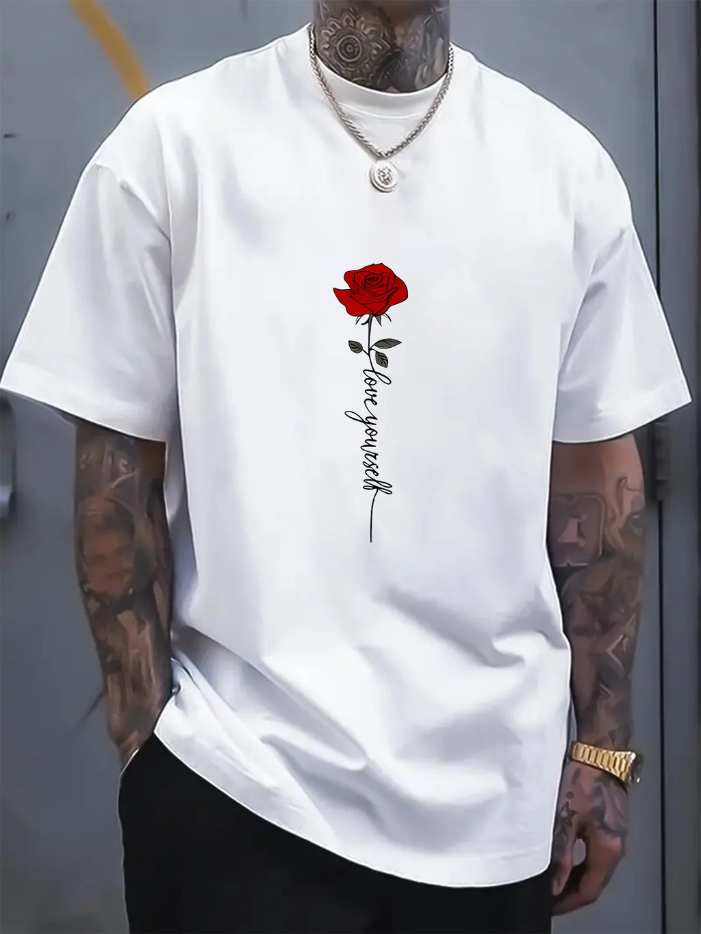 Men's summer 100 cotton fashionable casual sports loose red rose pattern printed round neck short sleeved T-shirt top