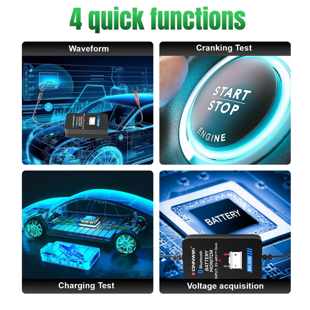 KONNWEI BK300 Lead Acid Starting Car Battery Detector 12V 24V Capacity Resistance Bluetooth 5.2 Automotive Battery Monitor Tool