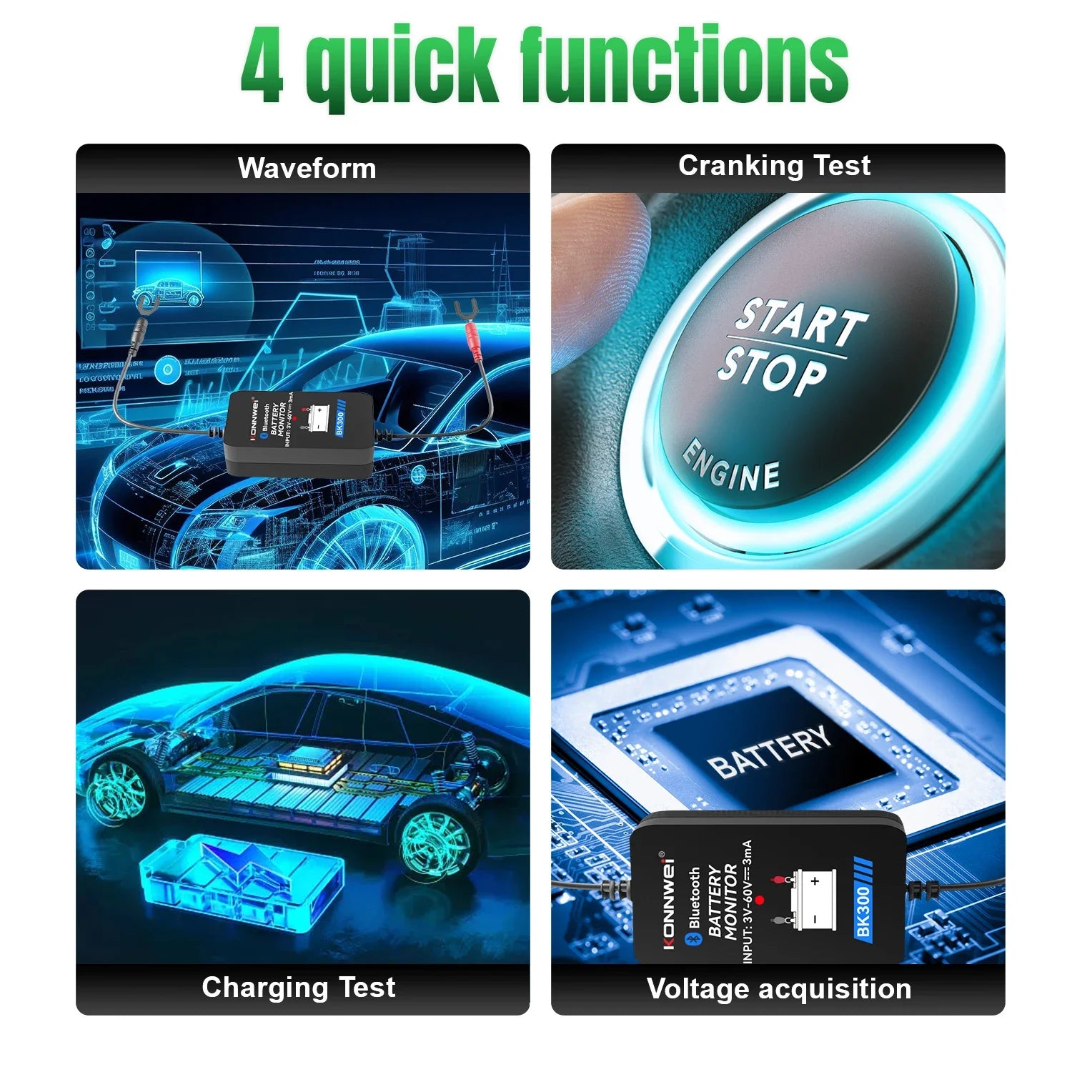 KONNWEI BK300 Lead Acid Starting Car Battery Detector 12V 24V Capacity Resistance Bluetooth 5.2 Automotive Battery Monitor Tool