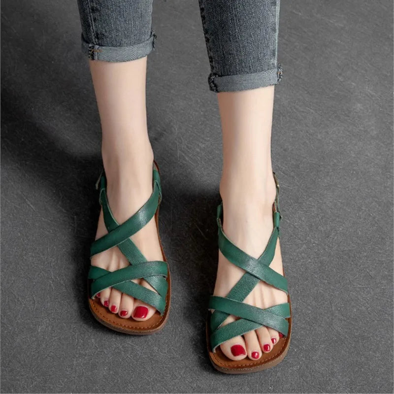 Johnature Simple Genuine Leather Flat Sandals 2026 Summer New Casual Solid Color Soft Sole Comfortable Versatile Women Shoes