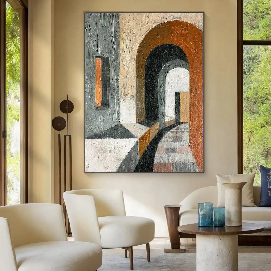 3D Beige Large Canvas Abstract Handmade Oil Painting Brown Simple Wall Art Textured Geometric Art Wall Decor Living Room Deco