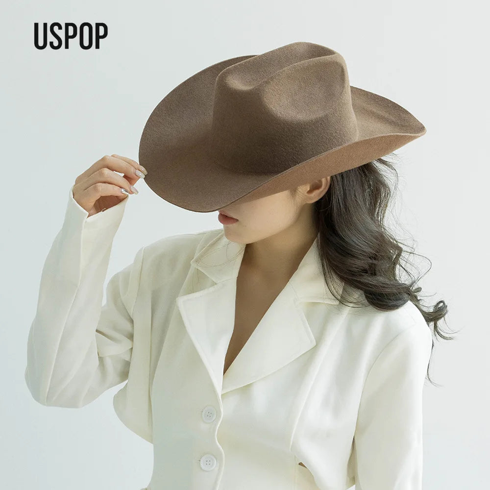 USPOP 100% Wool Cowboy Hat Unisex Wide Brim Felt Hat Solid Color Classic Fedora Style Multiple Sizes S–XL Autumn Winter