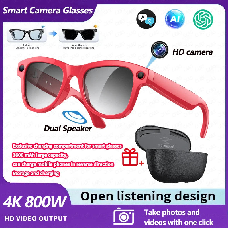 AI Smart Glasses 800W Pixel Camera Translation AI Voice Anti-Shake Video Record Dual Speaker Charging Case BT Call Smart Glasses