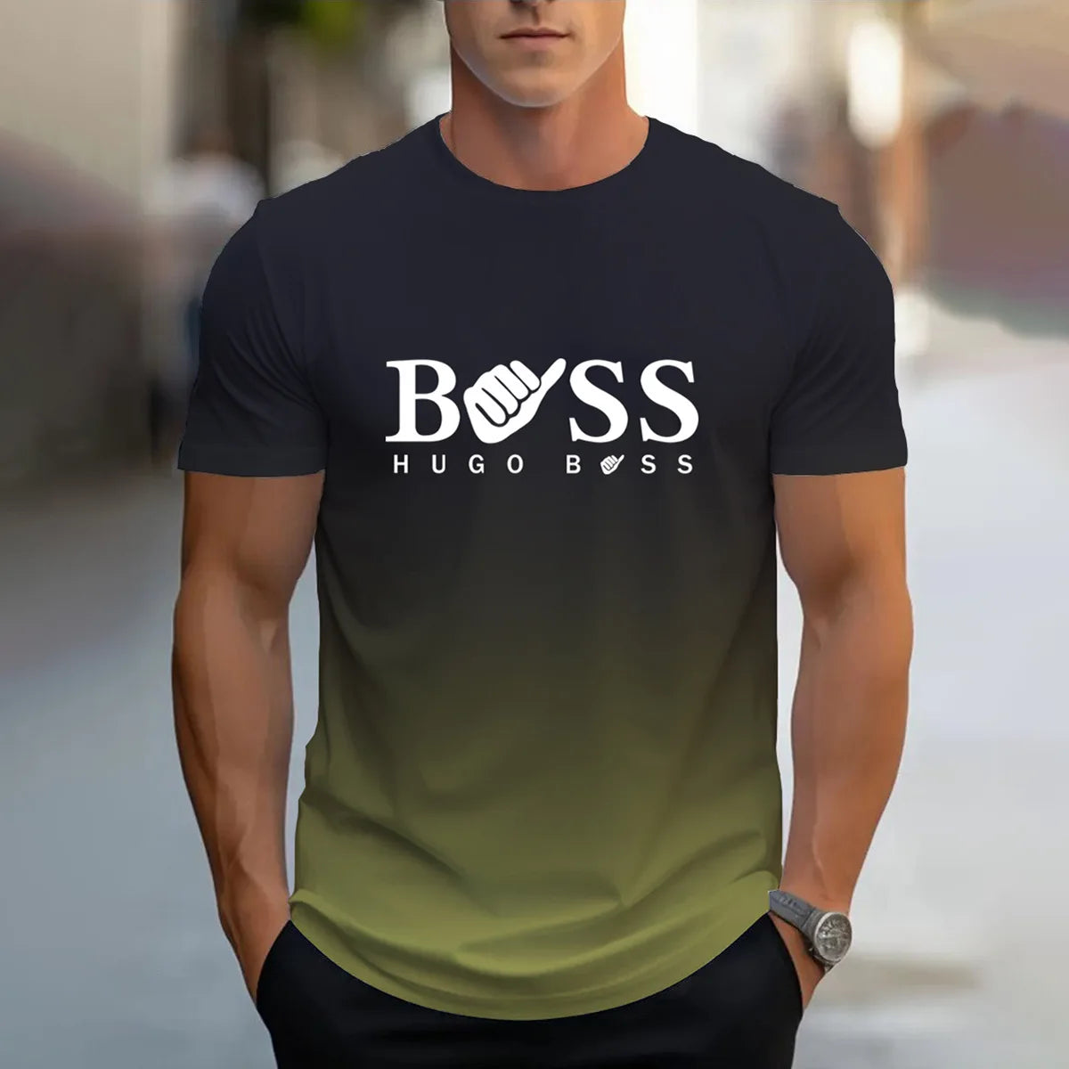 men's summer clothing casual gradient color short sleeved digital letter printed casual versatile round neck T-shirt top for men