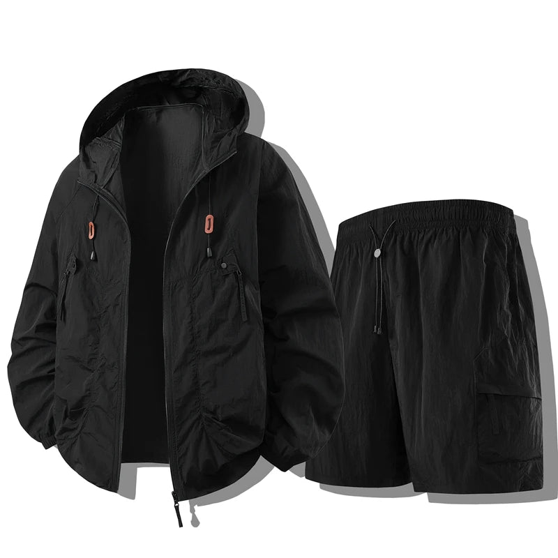 Men's Summer Thin Breathable Hat Sun Protection Suit Outdoor Fishing Climbing Function Couple Set Long Sleeve Short Pants