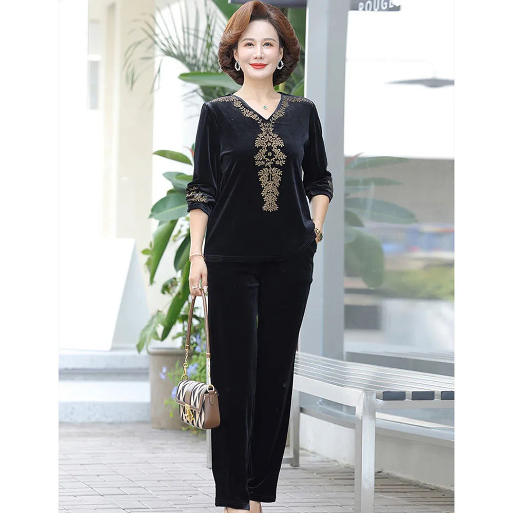 6XL 7XL Mom's Gold Velvet Sets Spring Autumn Large Size V-nevk  Hot Diamond Tops Pants 2 Piece Suit Elderly Women Velvet Outfit