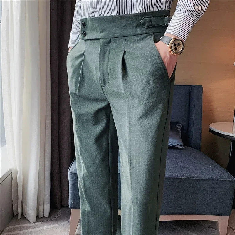 British Style Fall New High Waist Dress Pants Men Belt Design Stripes Slim Suit Pants Formal Wedding Social Party Male Trousers