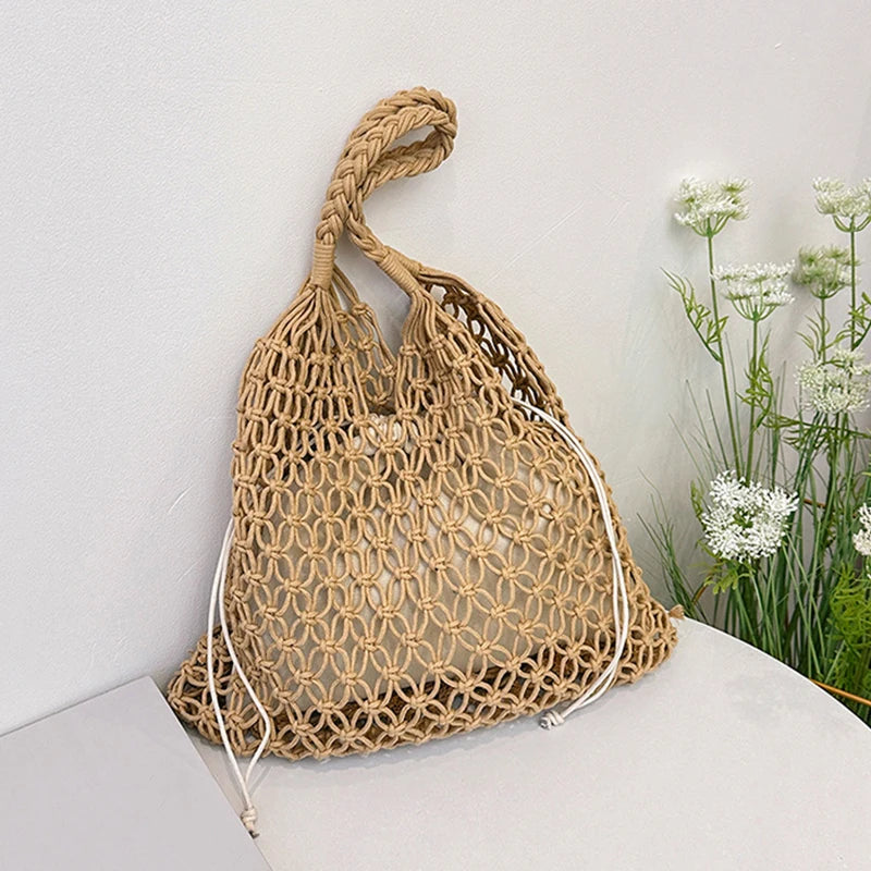 Hand-Woven Bag Women Handmade Hollow Handbag Female Shoulder Bag Big Capacity Summer Casual Travel Beach Tote Purse