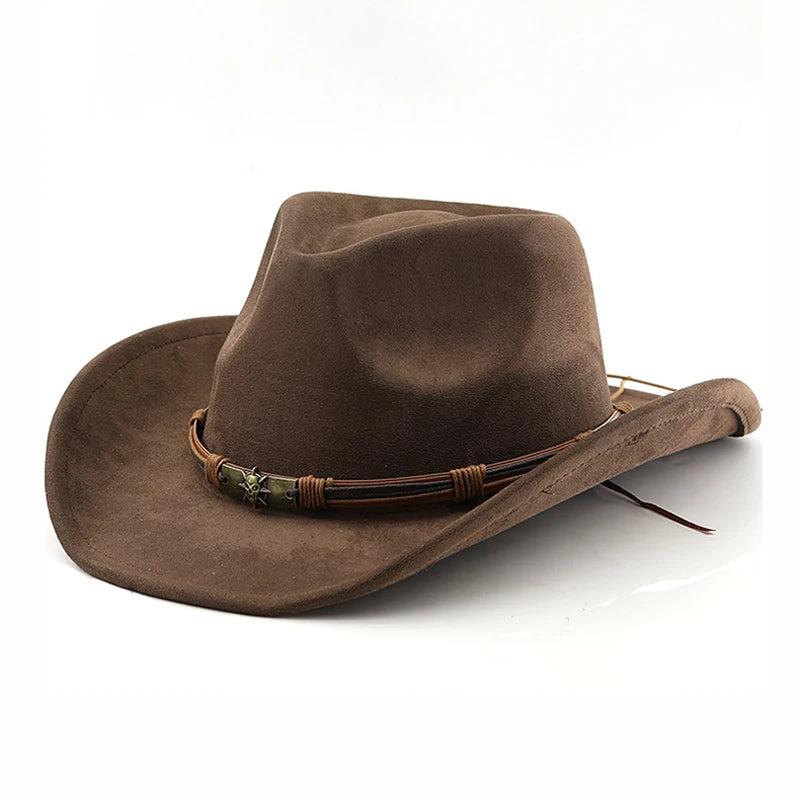 Suede Western Cowboy Hat For Men Women Vintage Rolled Brim Felt Jazz Hats Outdoor Travel Knight Hats