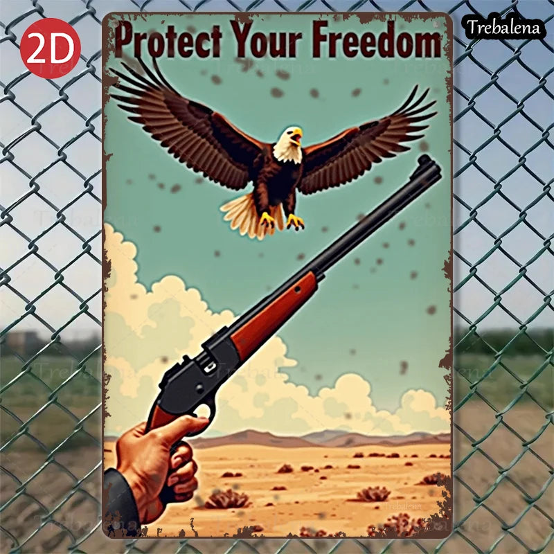 1PC 2D Flat 8*12inch Metal Sign Eagle and Rifle Desert Freedom Art Tin Sign