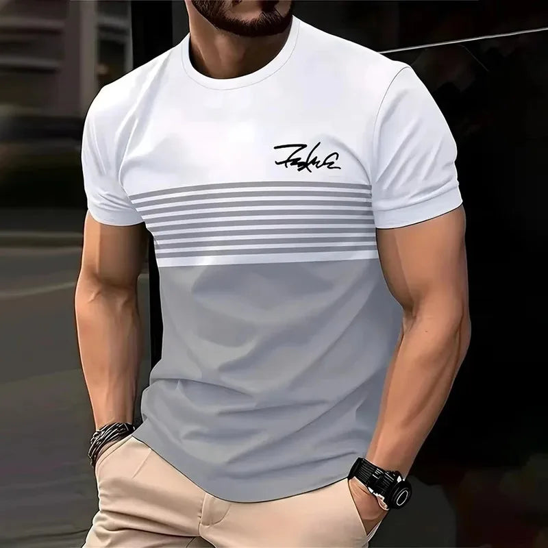 Fashionable striped printed short-sleeved T-shirt 2025 Spring/Summer casual collar crew T-shirt Soft and breathable T-shirt for