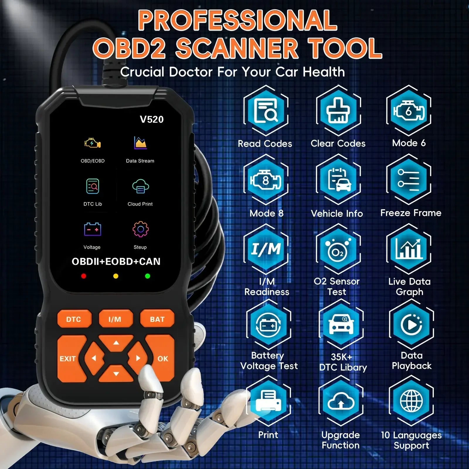 Multilingual automotive OBD2 scanner code reader, professional V520 diagnostic tool, real-time data OBD2 fault detector