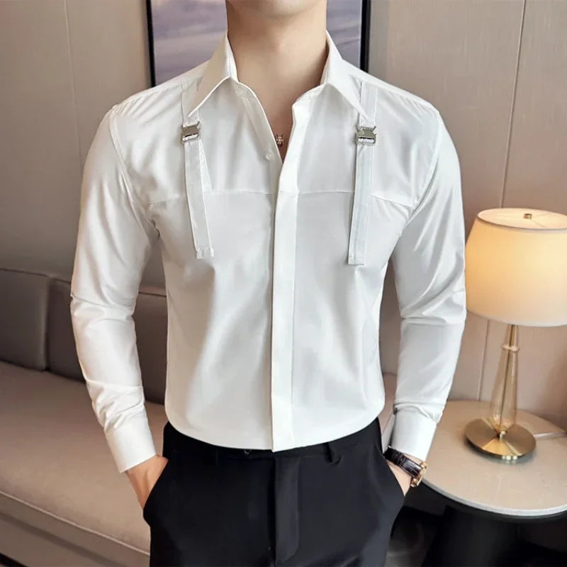 Gentleman Strap Decoration Shirt Men Long Sleeved Casual Business Dress Shirts Social Party Tuxedo Blouse Men Clothing