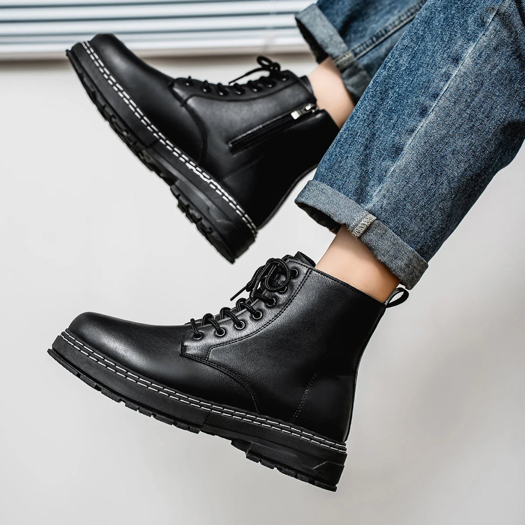 Men's High-Top Boots Fashionable All-Match Casual Shoes Classic Black British Style Motorcycle Boots Four-Season Trendy Footwear