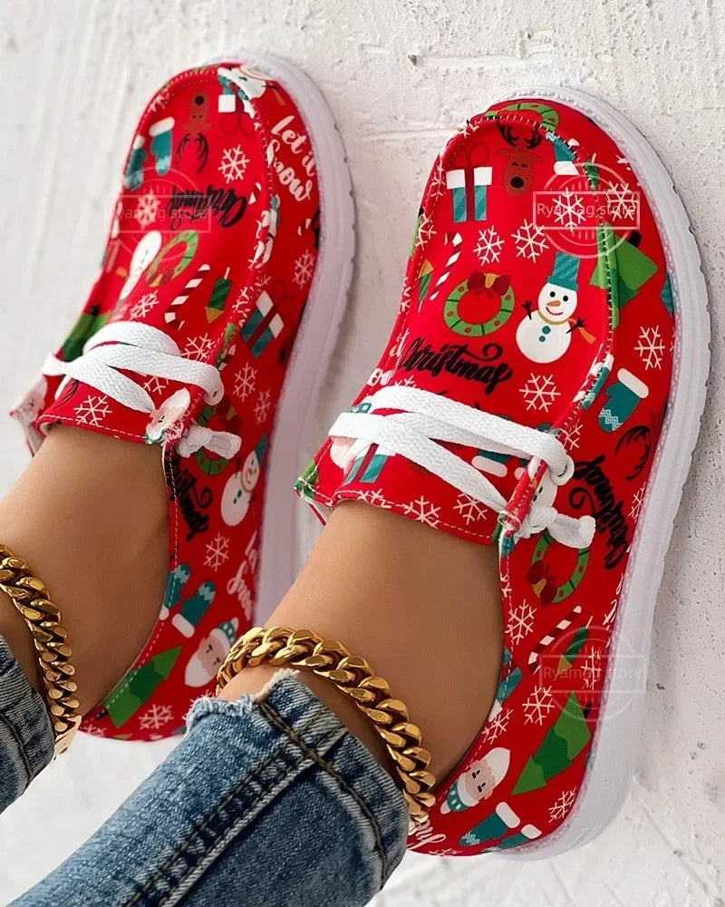 Loafers Women's Christmas Snowman Elk Graphic Print Lace-up Round T Women's Vulcanize Shoes Canvas Women Flat Shoes Zapatos - Free Item Weekend (50% off).