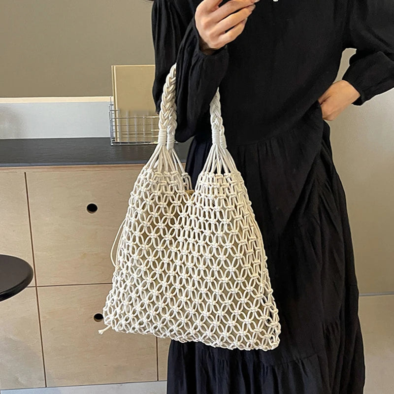 Hand-Woven Bag Women Handmade Hollow Handbag Female Shoulder Bag Big Capacity Summer Casual Travel Beach Tote Purse