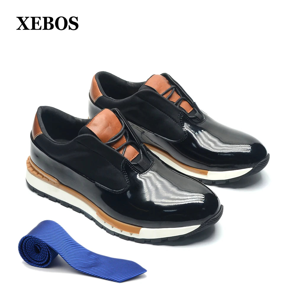XEBOS Luxury Mens Oxford Sneakers Black Genuine Patent Leather Lace-up Non-slip Sole Smooth Office Party Casual Shoes for Men