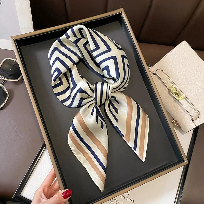 70cm Black and White Striped Back-shaped Scarf for Women Simple Imitation Silk Kerchief Fashion Trendy Headscarf Scarf