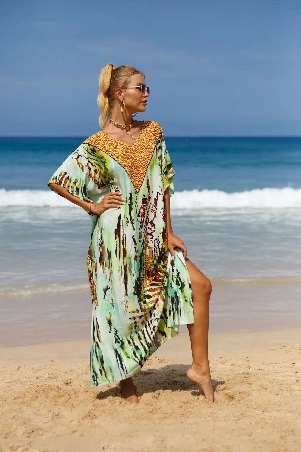 Kaftan Dresses Tropical Printed Cover Ups for Swimwear Women Elegant Maxi Robe Holiday Bathing Suits Dropshipping Hot Sales