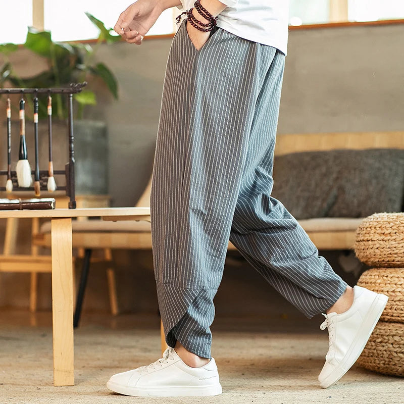 Chinese Style Striped Harem Pants Mens Breathable Cotton Linen Wide Leg Pants Bifurcation Casual Bloomers Fashion Trousers