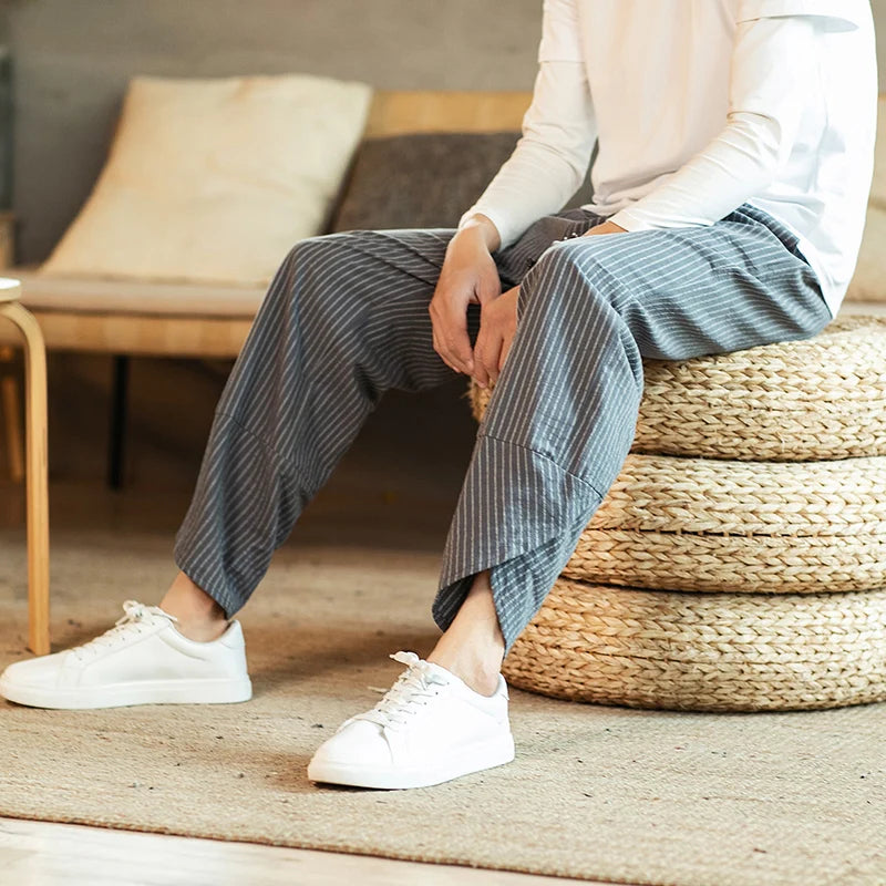 Chinese Style Striped Harem Pants Mens Breathable Cotton Linen Wide Leg Pants Bifurcation Casual Bloomers Fashion Trousers