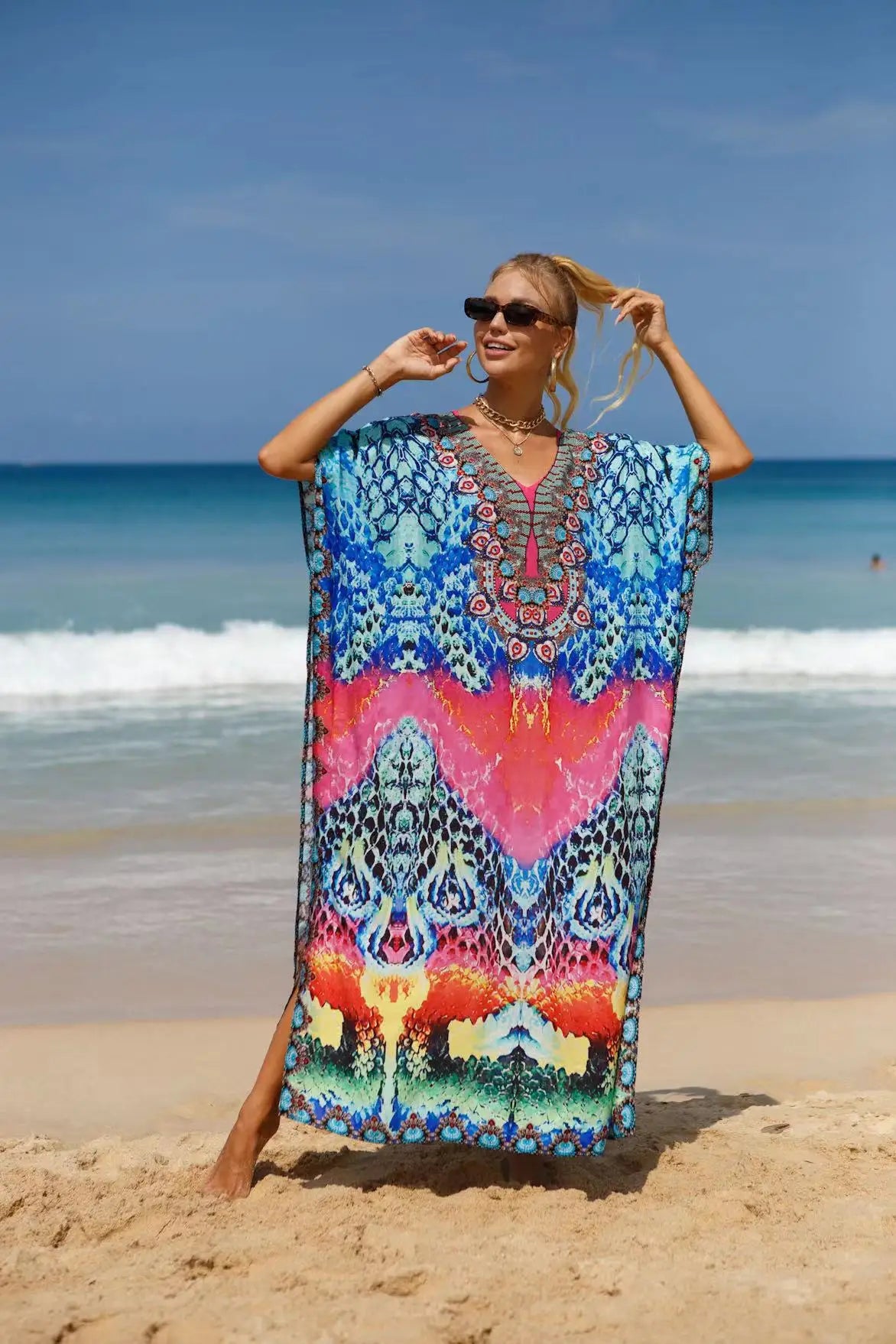 Kaftan Dresses Tropical Printed Cover Ups for Swimwear Women Elegant Maxi Robe Holiday Bathing Suits Dropshipping Hot Sales